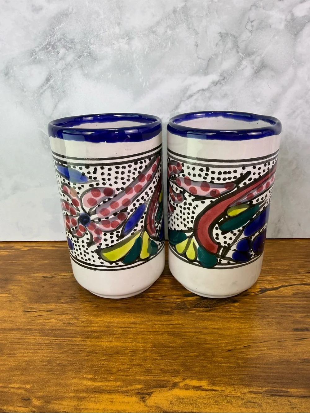 Set of 6 Mexican Talavera Style Pottery Tumblers Hand Painted Fish Folk Art Cups